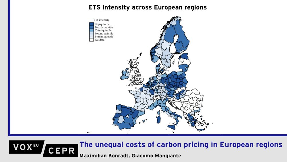 Map of ETS intensity across European regions.

Carbon pricing has become a central tool in Europe’s strategy to mitigate climate change. This column presents new evidence on the impact of carbon pricing across European regions. The authors find that an increase in carbon prices is associated with a significant decline in output and a rise in unemployment. Carbon pricing also has important political ramifications, increasing the vote shares of extremist and populist parties. These costs are not borne equally, with carbon-intensive regions experiencing stronger effects. The findings support the adoption of complementary policies to cushion the economic impacts and limit political fallout.