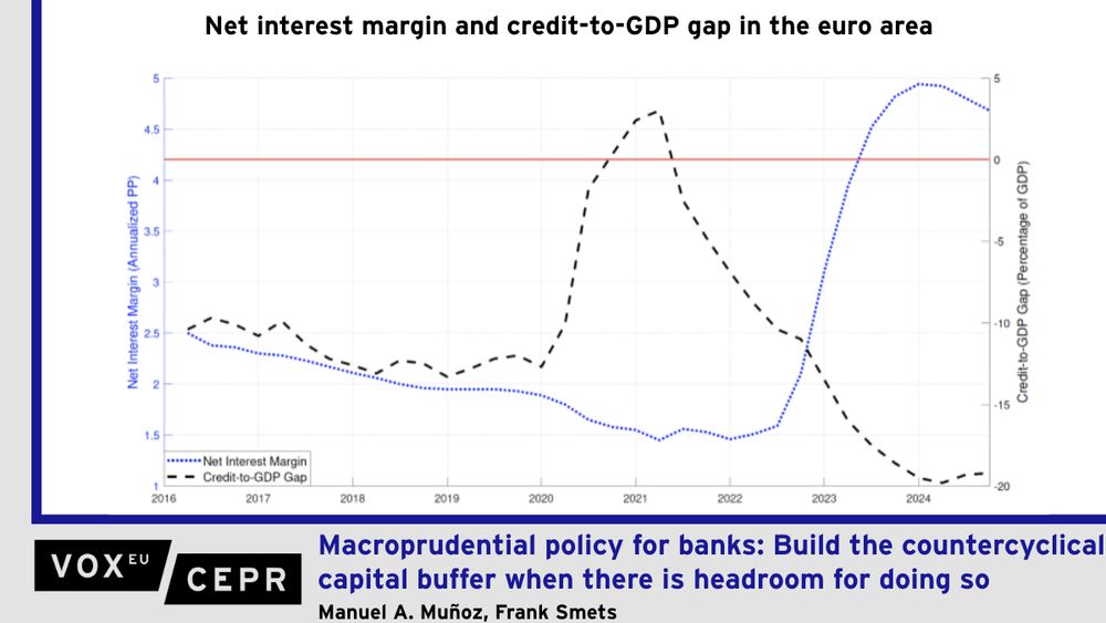 Graph of the net interest margin and credit-to-GDP gap in the euro area.

Numerous central banks started to build the countercyclical capital buffer as bank profitability began to soar during the recent tightening cycle. Recent evidence suggests that building the buffer when there is headroom for doing so does not harm lending in the short-term and tends to increase it at longer horizons. This column proposes a quantitative macro-banking model that captures such evidence and illustrates how it can be applied to calibrate the positive neutral countercyclical capital buffer. Optimal dynamic capital buffers build in response to expected upward shifts in bank net interest margins. In doing so, they mitigate externalities due to bank risk failure and collateral constraints.