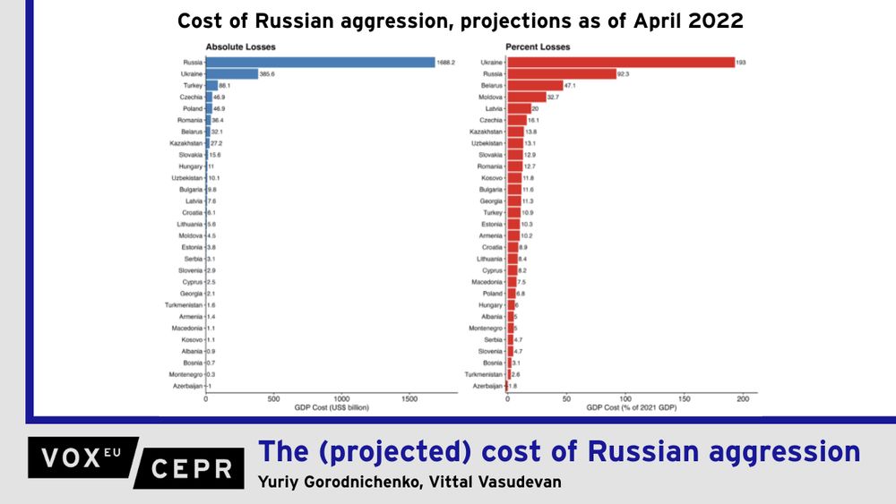 Chart showing the cost of Russian aggression as projections as of April 2022 for various countries as absolute losses and percent losses.

The 2022 Russian invasion of Ukraine marked an end to stability in Europe. This column analyses the economic effects for Ukraine, Russia, as well as spillovers on other countries, using professional forecast data from 29 nations. Forecasters predicted that the war would be highly stagflationary for Ukraine and Russia, lowering GDP and increasing the price level. The rest of Eastern Europe was expected to experience similar, but smaller, effects from the invasion. The estimates suggest the cost of the war is close to $2.4 trillion, but even this projection likely understates the full scale of economic harm.