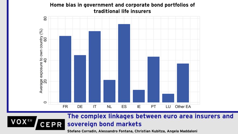 Graph showing home bias in government and corporate bond portfolios of traditional life insurers. Home bias is computed as the share of holdings of an insurance sector’s domestic bonds relative to total government bond holdings. The countries are sorted by their average total exposure to government bonds. ‘Other euro area countries’ represents a weighted average, by asset size, of the home bias shares of all other euro area countries not shown separately.

Over the past decade, euro area insurers have been challenged by the prolonged period of low interest rates until 2022 and climate-related risks, particularly for property and casualty insurers. This column shows that the balance sheets of euro area insurers have become less liquid and more sensitive to market conditions. However, insurers still rely heavily on holdings of sovereign bonds – particularly domestic ones – and tend to sell these assets to fund large claims after natural disasters. The capital markets union would promote diversified bond portfolios and likely mitigate these effects.