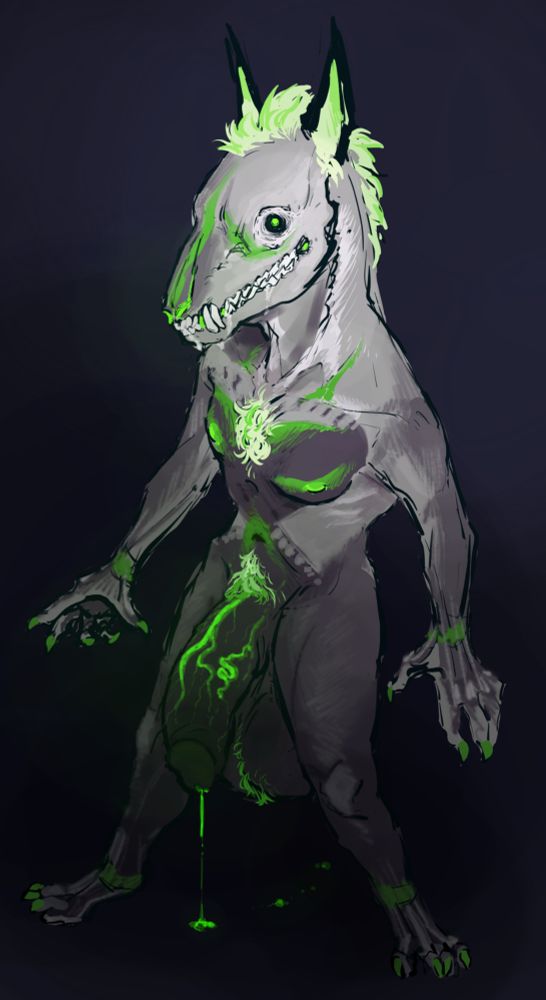 The digital painting depicts "Steve the Undead Yeen," a creature with a blend of anthropomorphic, hyena-like features and unsettling undead elements. The character stands in an upright, bipedal pose with a muscular, imposing physique. The overall palette is dominated by muted grays and blacks, accented with glowing neon green details that add a supernatural, toxic aesthetic.

Steve's face resembles a skeletal hyena, with exposed, jagged teeth forming a permanent, menacing grin. His hollow, glowing green eyes radiate an eerie energy, while the lime-green streaks along his muzzle and the tufts of his mane contribute to his feral yet otherworldly look. His ears are tall and sharp, with similar green accents highlighting their edges.

The chest and abdomen feature glowing green patterns that resemble veins or cracks, suggesting a source of energy or corruption flowing through his undead body. His clawed hands are sharp and menacing, the tips glowing faintly with the same green hue. His legs are digitigrade, ending in large, clawed feet with glowing accents that reinforce his animalistic traits.

Additional green fluid seems to ooze and drip from various parts of his body, adding a visceral, grotesque element to the piece. The background is dark and simple, allowing the neon green highlights and intricate details of the character to stand out, creating a striking and vividly eerie image. The overall mood combines menace, decay, and a strange sense of vitality through the glowing elements.

