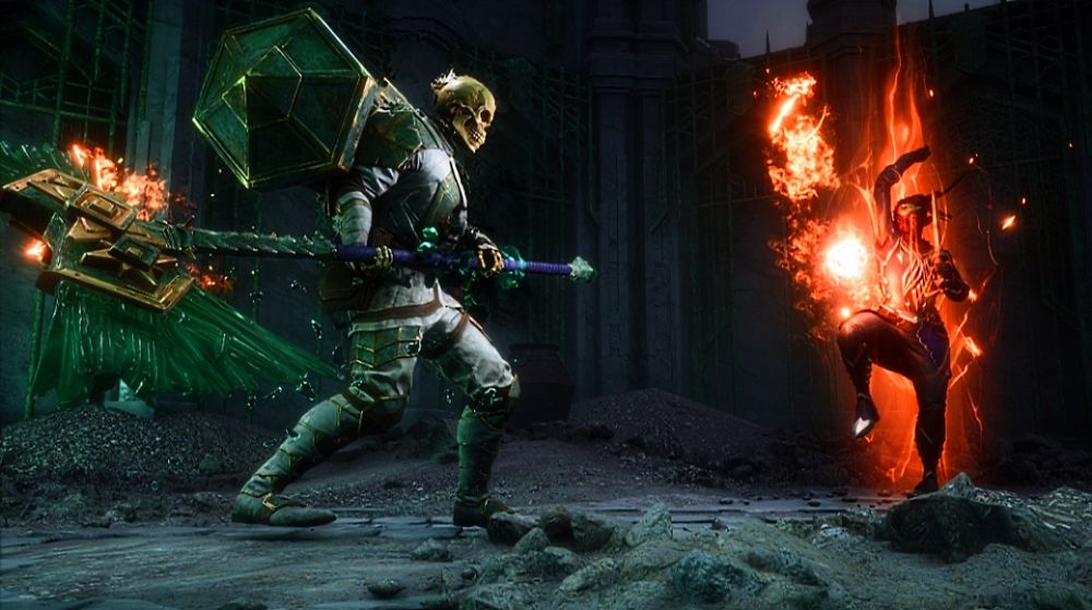 A screenshot from Dragon Age Veilguard videogame shows the Crow Assassin, Larita De Riva (my original character), facing off against a corrupted spirit within Nevarra. This image is of her preparing a fire attack as a formidable figure of skeleton bones, holding a giant axe-no less, approaches her.