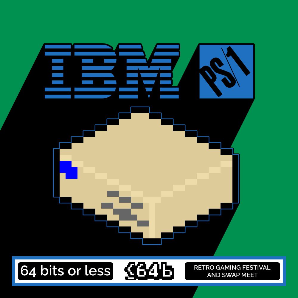 Graphic featuring the IBM PS/1 logo in blue above a pixel-art icon of a desktop PC on a green background with a black drop shadow. Text at the bottom reads 64 Bits or Less Retro Gaming Festival and Swap Meet.