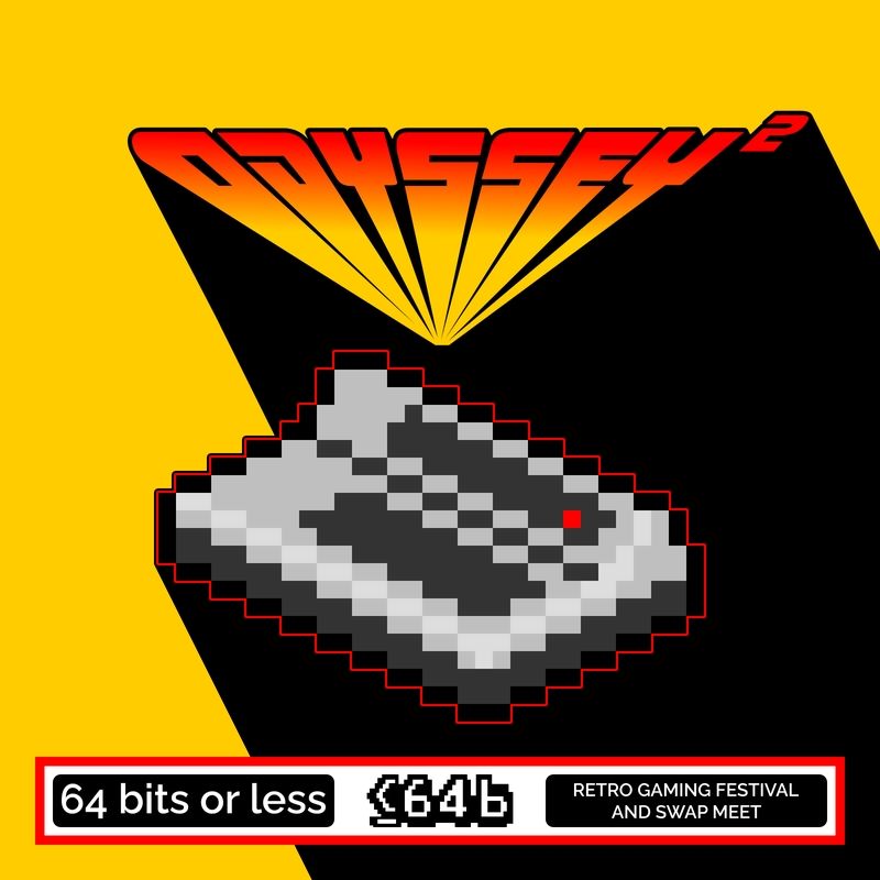 Graphic featuring the Odyssey 2 logo in orange and yellow above a pixel-art icon of the Odyssey 2 console on a yellow background with a black drop shadow. Text at the bottom reads 64 Bits or Less Retro Gaming Festival and Swap Meet.