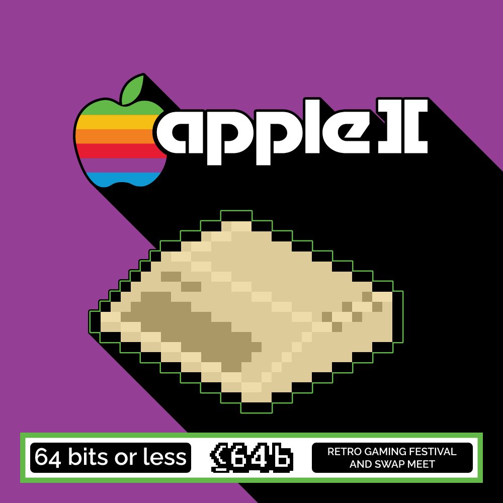 Graphic featuring the Apple ][ logo with the rainbow apple above a pixel-art icon of the Apple //e on a purple background with a black drop shadow. Text at the bottom reads 64 Bits or Less Retro Gaming Festival and Swap Meet.