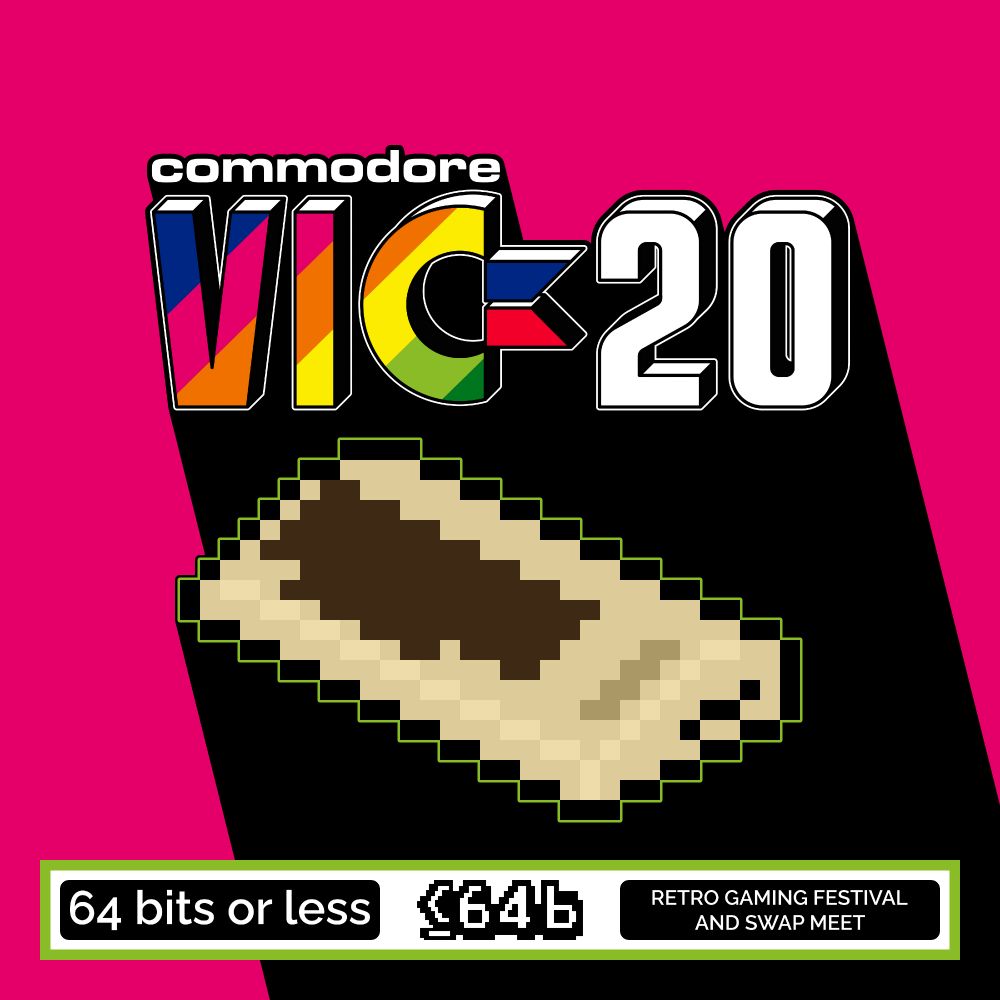 Graphic featuring the VIC-20 logo in rainbow colors above a pixel-art icon of the VIC-20 computer on a pink background with a black drop shadow. Text at the bottom reads 64 Bits or Less Retro Gaming Festival and Swap Meet.