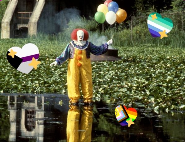 Fear Coded alternative cover image showing PENNYWISE standing on the water in the Barrens surrounded by an intersex progress, gay man, and demisexual pride sparkle hearts