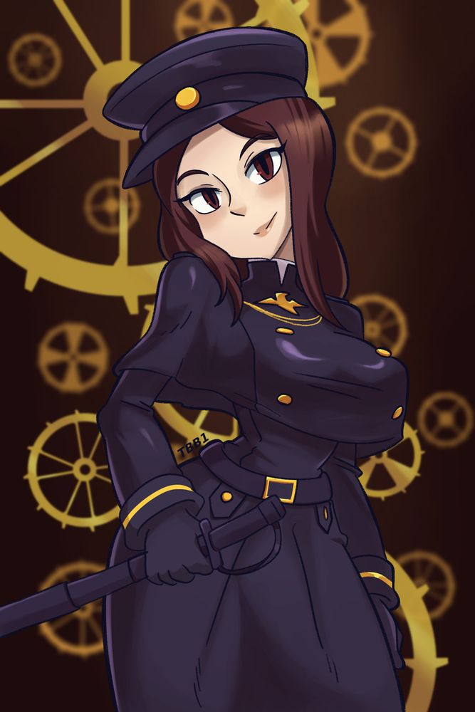 Alisa holding her sword in her she's wearing her normal royal police outfit. tilting her head gaze towards viewer smiling.