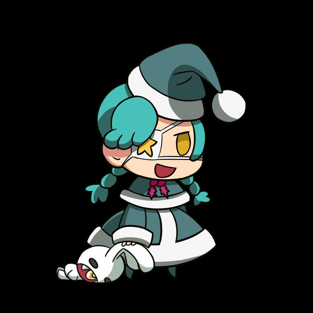 Annie from skullgirls drawn in the chibi padoru form. Her eyepatch is seen under her Hair. She drags Sagan instead of a santa gift bag.