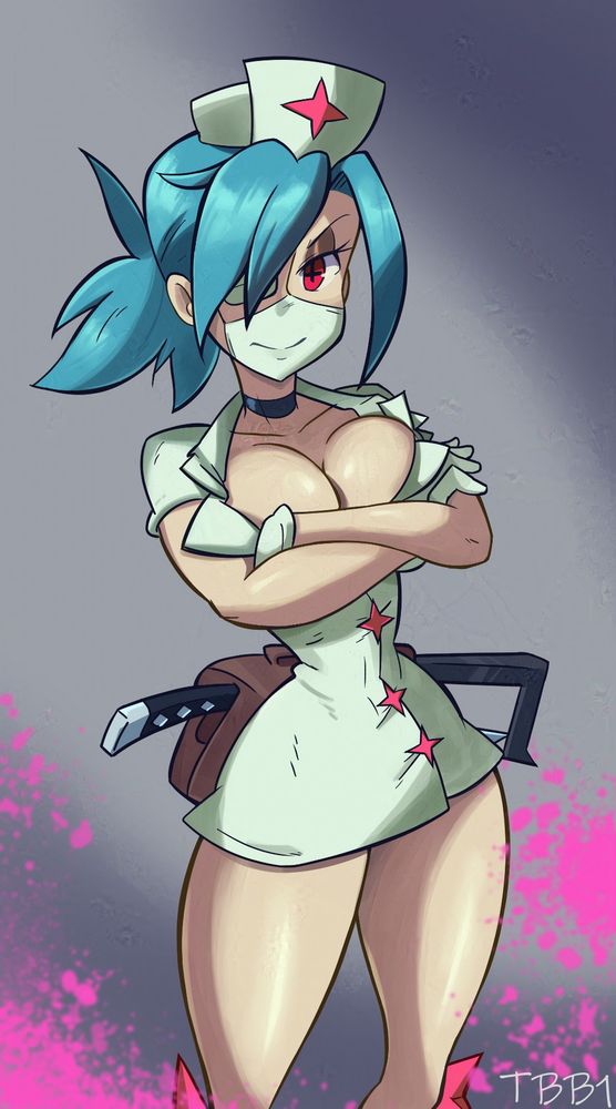 Valentine from skullgirls, in a standing pose. She's making a little disdainful look towards the viewer, her arms crossed causing her chest to be squished. It's quite a sight