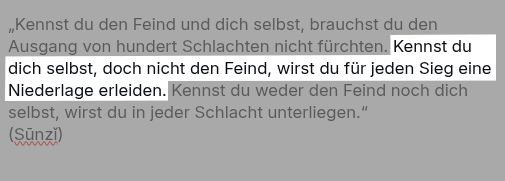 Screenshot des Postings, hervorgehoben ist der entscheidende Satz: "Kennst du dich selbst, doch nicht den Feind, wirst du für jeden Sieg eine Niederlage erleiden."
