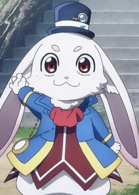 Picture of a white Rabbit character from an anime, she is wearing a brown waist coat with a blue jacket trimmed with yellow. She also has a blue top hat with a white band.