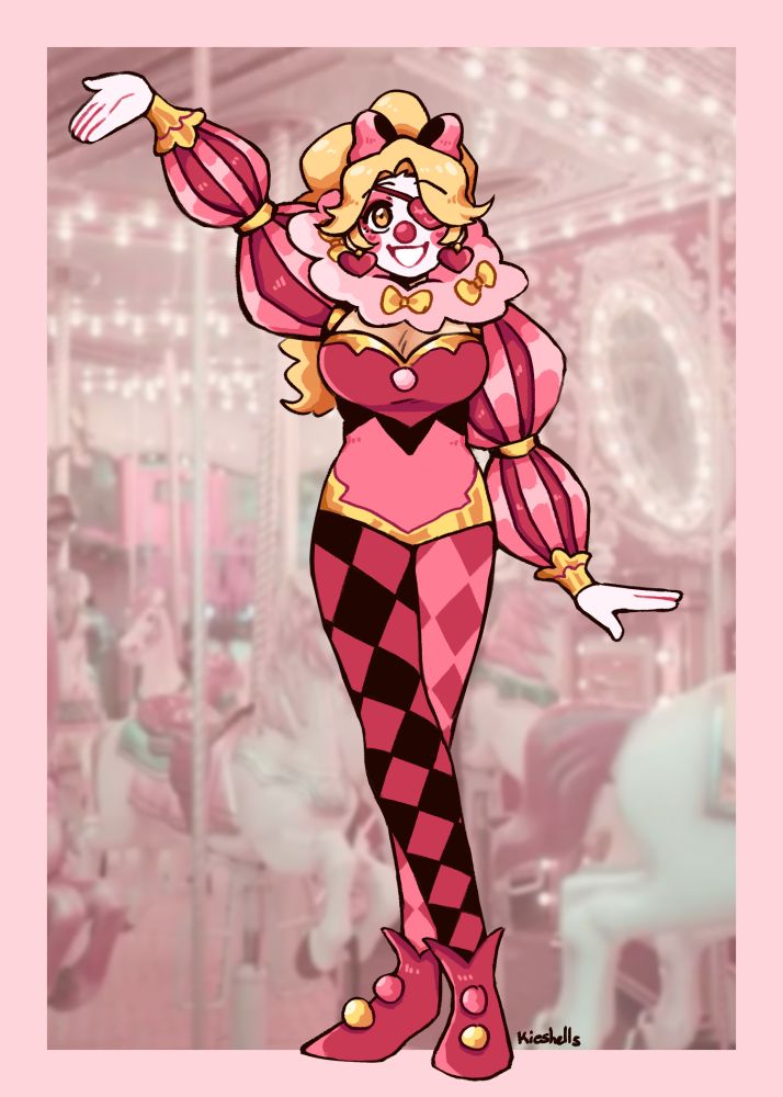 My original character Honey dressed as an acrobatic clown with a pink carousel photo background.