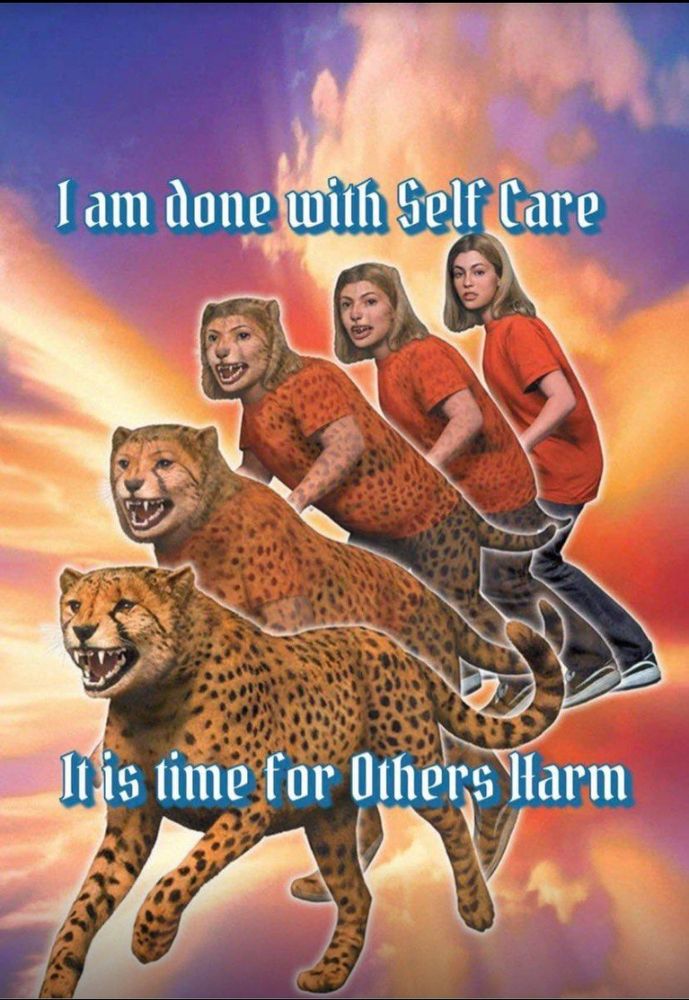 Lady animorphing into a cheetah with text that reads "I am done with Self Care. It is time for Others Harm."