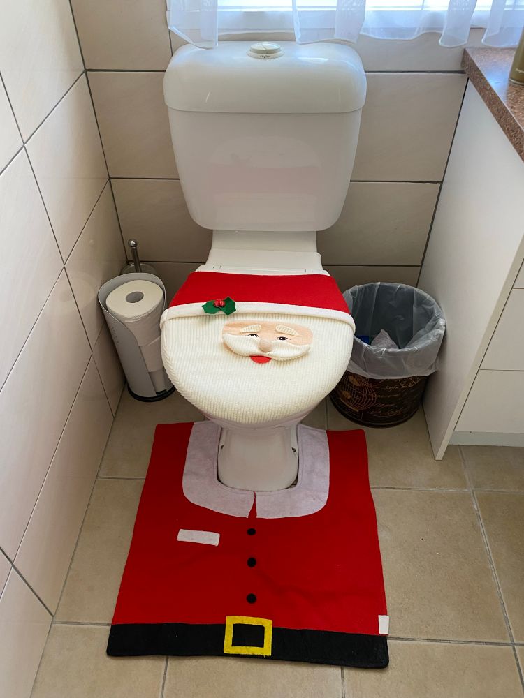 Toilet with a lid covered by a Santa face/beard, and a mat around the toilet base that looks like a Santa suit