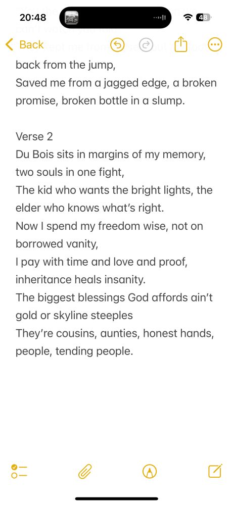 Verse 2
Du Bois sits in margins of my memory, two souls in one fight,
The kid who wants the bright lights, the elder who knows what's right.
Now I spend my freedom wise, not on borrowed vanity,
I pay with time and love and proof, inheritance heals insanity.
The biggest blessings God affords ain't gold or skyline steeples
They're cousins, aunties, honest hands, people, tending people.