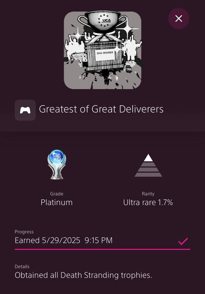 death stranding platinum trophy “Greatest of Great Deliverers”