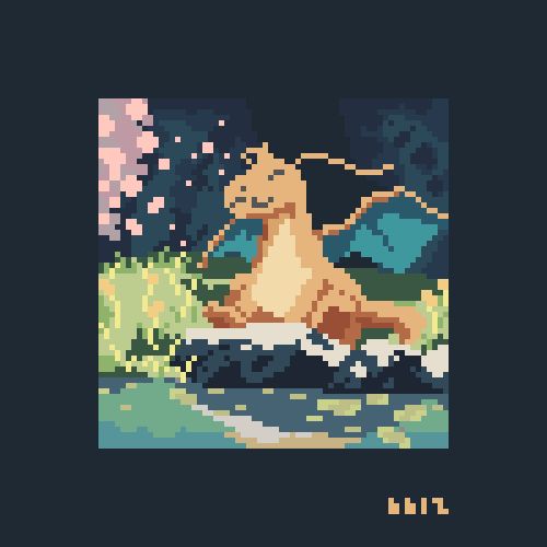 This is a pixel art piece of the pokemon dragonite sitting by a small pond.