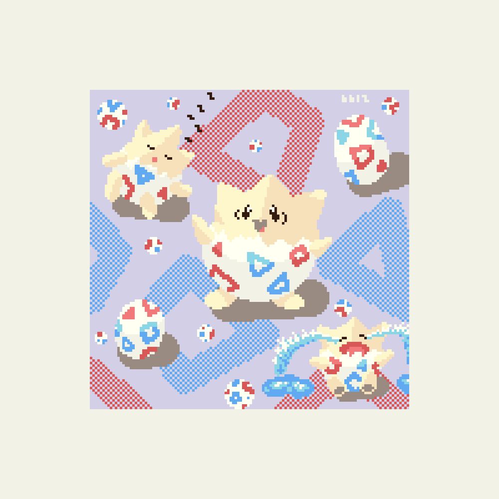 This is a pixel art piece of 3 Togepi pokemon and a few eggs in the same design as the pokemon.