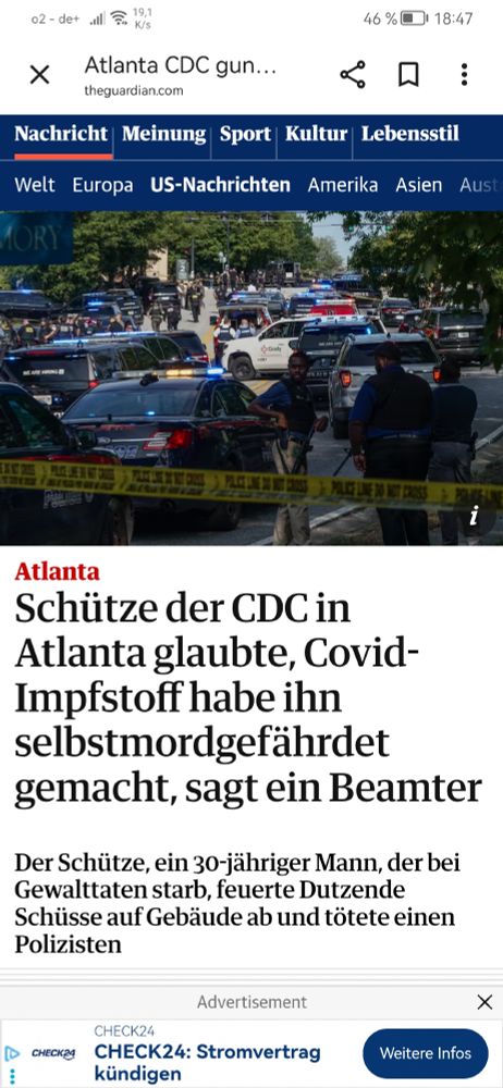 Screenshot mit der Überschrift des Artikels. Dort steht: Schütze der CDC in Atlanta glaubte, Covid-Impfstoff habe ihn selbstmordgefährdet gemacht, sagt ein Beamter

Der Schütze, ein 30-jähriger Mann, der bei Gewalttaten starb, feuerte Dutzende Schüsse auf