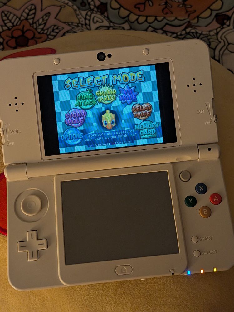 The menu screen of Chocobo Racing for the PSX on a New Nintendo 3DS