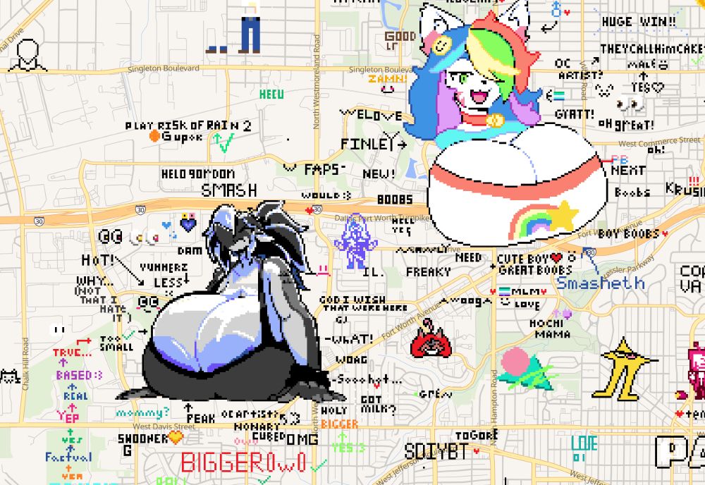 a street map of dallas texas with a rainbow cat with huge tits and a grey shark with also huge tits painted over it. there are a number of comments surrounding both images praising the huge tits, and one comment stating the artist is theycallhimcake