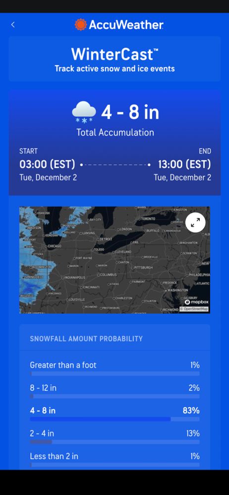 Screenshot of AccuWeather Wintercast predicting 83% chance of 4-8 inches of snow between 3am and 1pm tomorrow. 

Your humble correspondent (not pictured) is NOT amused at this development. Until earlier today, it was a mere 1-3 inches.