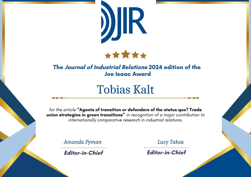 Award certificate for the 2024 Joe Isaac Award of the Journal of Industrial Relations, awarded to Tobias Kalt