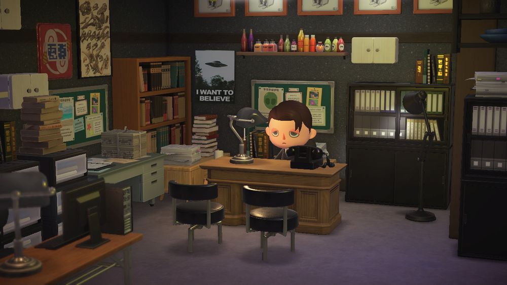 A sullen looking ANIMAL crossing character cosplays as Mulder in a room decorated as his office