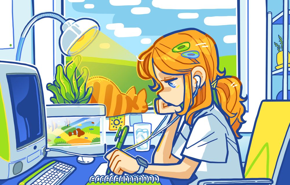 A green and blue desk space, with an orange haired anime girl working at it.