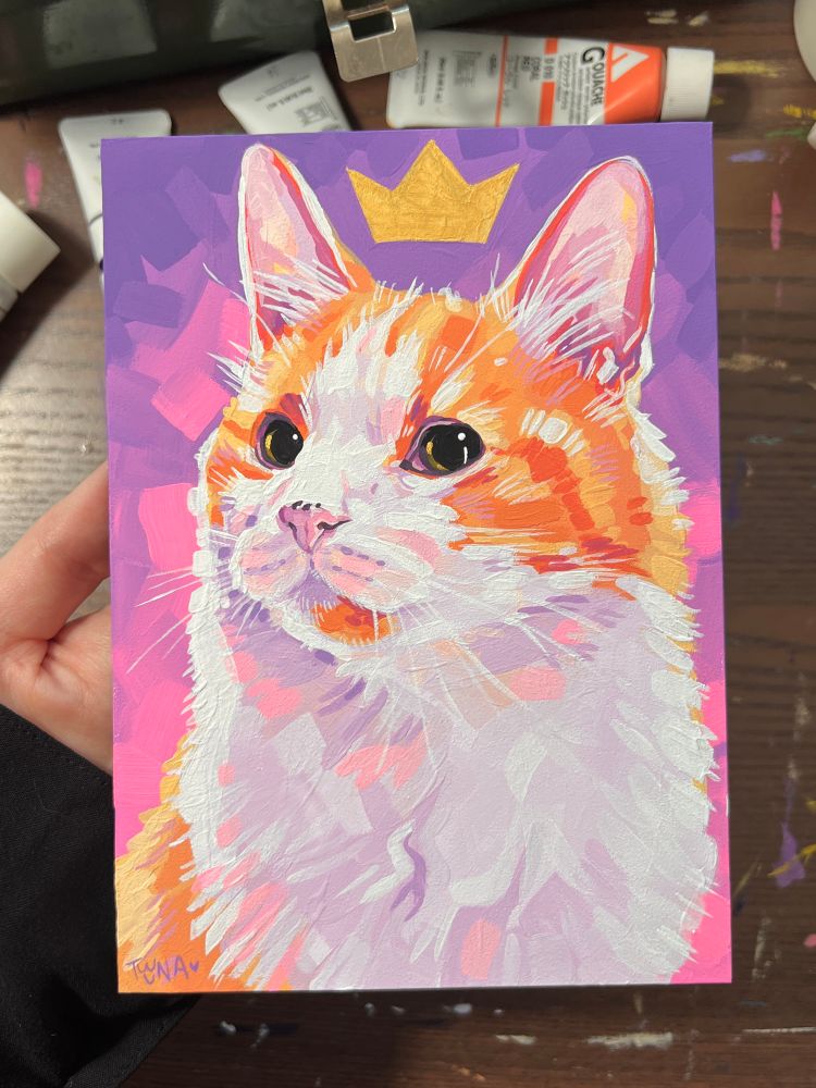 Painting of a cat, head and bust. The cat is long furred, orange and white, and faces right elegantly. The tone is pastel and semi-realistic. The background is purple and pink, and a golden crown floats above his head.