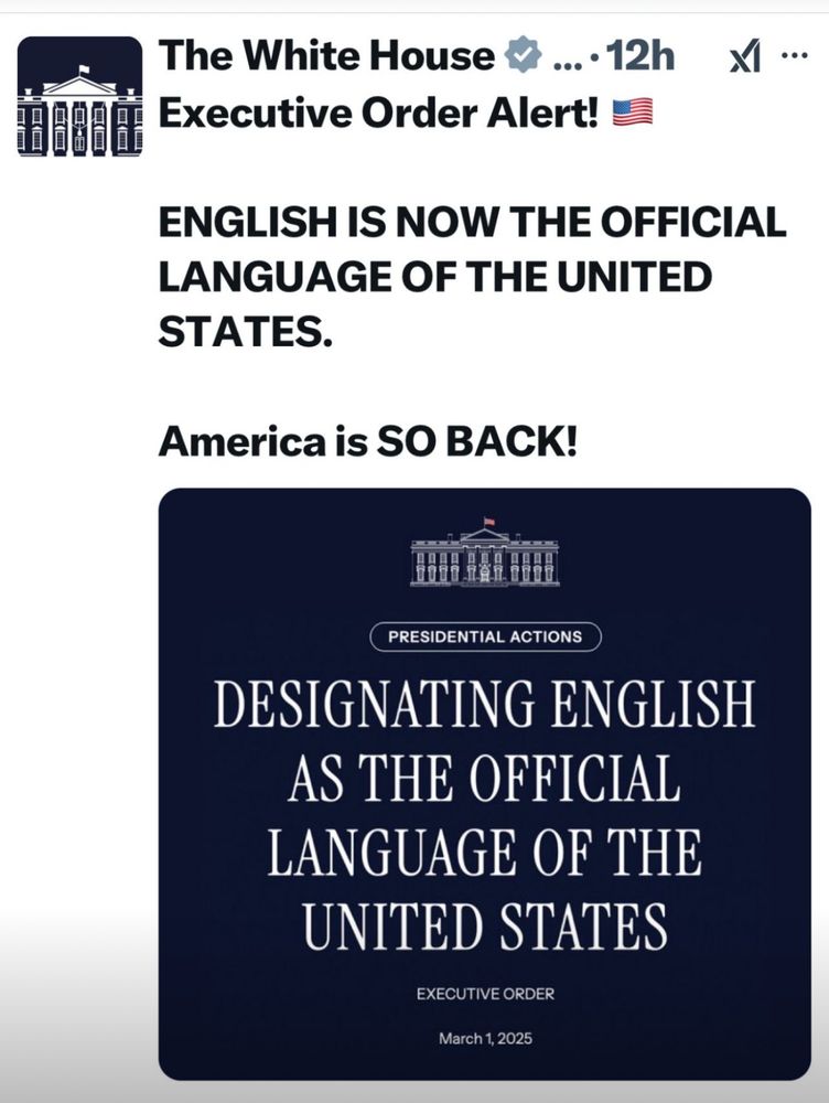 A post on X from the White House saying “America is SO back” and a presidential order designating English as the official language of the United States
