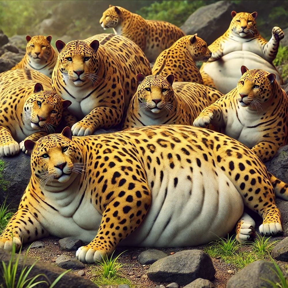 A picture of a group of very fat and well fed leopards.