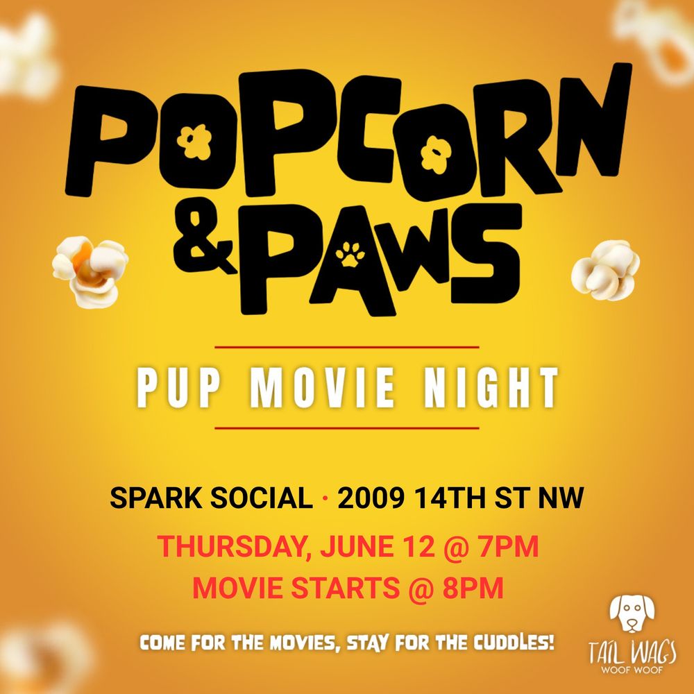 POPCORN & PAWS

PUP MOVIE NIGHT

SPARK SOCIAL . 2009 14TH ST NW
THURSDAY, JUNE 12 @ 7PM
MOVIE STARTS @ 8PM
COME FOR THE MOVIES, STAY FOR THE CUDDLES!