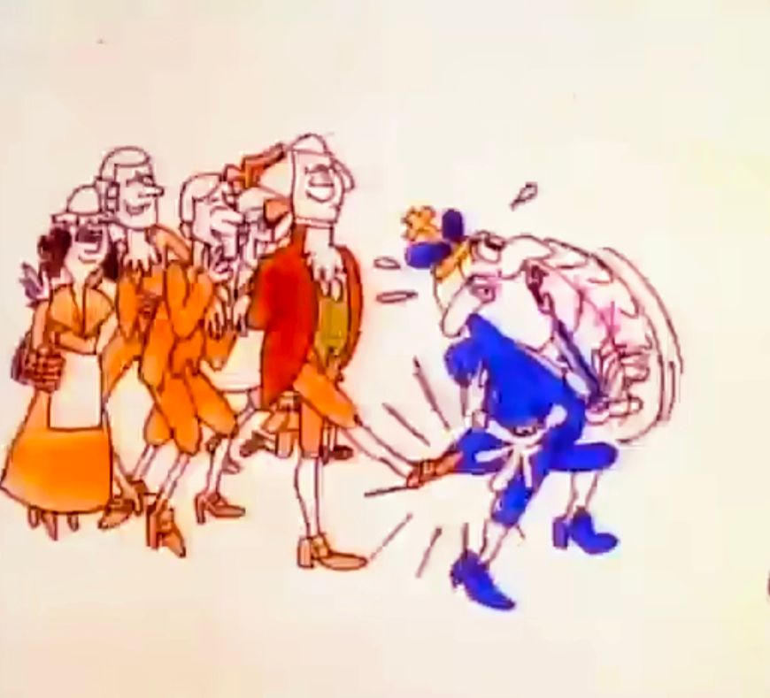 A frame from Schoolhouse Rock's cartoon, "No More Kings", showing a group of people laughing as George Washington kicks King George III in the rear.