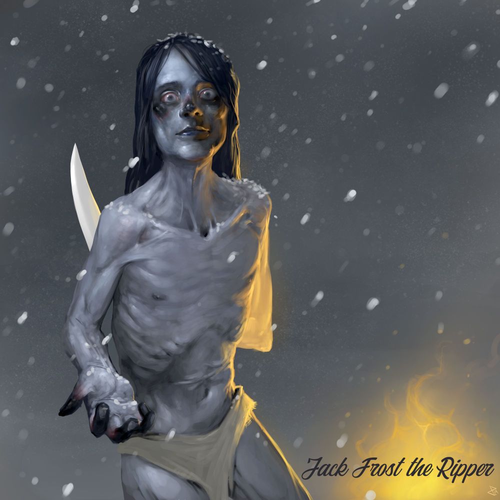 An emaciated maniac beckoning the viewer to a fire with a knife behind his back