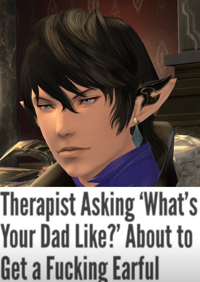 FFXIV meme

picture of aymeric with the text "Therapist Asking 'What's Your Dad Like?' About to Get a Fucking Earful"
