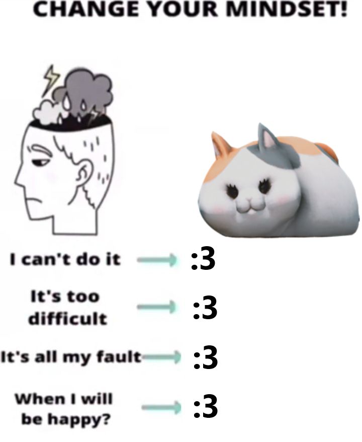 CHANGE YOUR MINDSET!

Picture of upset person on left, fat cat from ffxiv on the right

I can't do it --> :3
It's too difficult --> :3
It's all my fault --> :3
When will I be happy?  --> :3