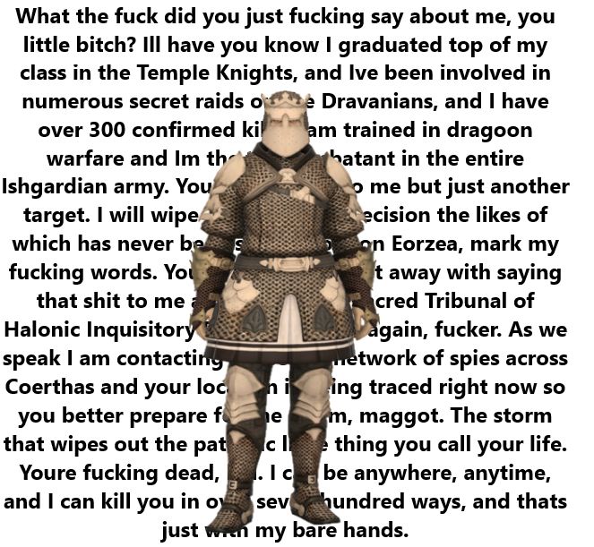 ffxiv meme. picture of a hyur temple knight standing in front of text that says "What the fuck did you just fucking say about me, you little bitch? Ill have you know I graduated top of my class in the Temple Knights, and Ive been involved in numerous secret raids on the Dravanians, and I have over 300 confirmed kills. I am trained in dragoon warfare and Im the top combatant in the entire Ishgardian army. You are nothing to me but just another target. I will wipe you out with precision the likes of which has never been seen before on Eorzea, mark my fucking words. You think you can get away with saying that shit to me at the Supreme Sacred Tribunal of Halonic Inquisitory Doctrine? Think again, fucker. As we speak I am contacting my secret network of spies across Coerthas and your location is being traced right now so you better prepare for the storm, maggot. The storm that wipes out the pathetic little thing you call your life. Youre fucking dead, kid. I can be anywhere, anytime, and I can kill you in over seven hundred ways, and thats just with my bare hands."