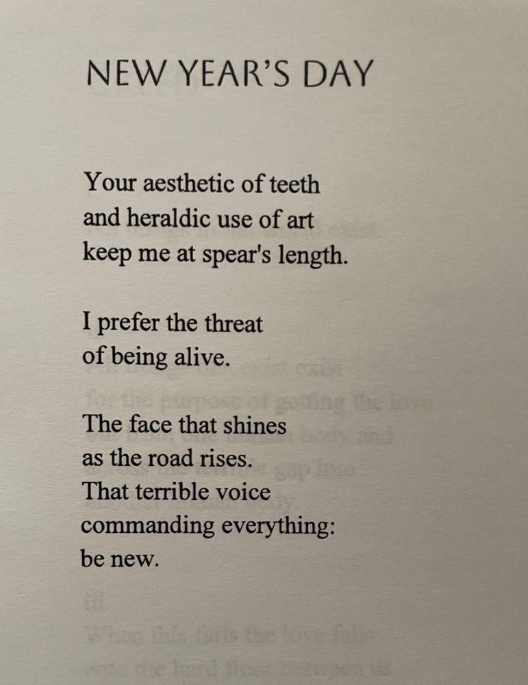 NEW YEAR'S DAY

Your aesthetic of teeth
and heraldic use of art
keep me at spear's length.

I prefer the threat
of being alive.

The face that shines
as the road rises.
That terrible voice
commanding everything:
be new.