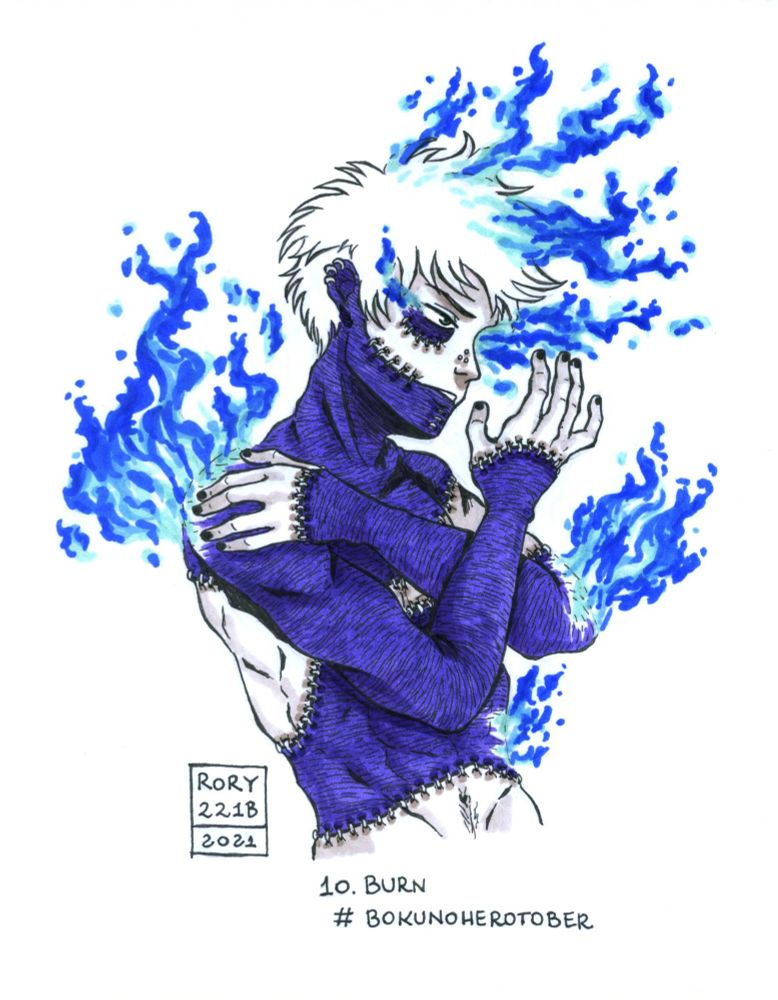 Ink half body drawing of Dabi from My Hero Academia. He is naked and he is covering his chest with his arms. One of his hands is held up and about to touch his face. Blue flames are erupting from his body. 
His eyes are releasing flames too. 
The whole idea here was that since he can't canonically cry tears anymore he can only cry fire. 
The skin and hair are left white, the only colours are the dark purple of his burnt skin and the blue flames.