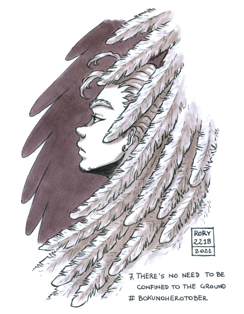 Ink drawing of Hawks from My Hero Academia. We only see the profile of his face, he is looking left. His hair and all of his body are hidden by the feathers of his left wing. We see the details of the feathers.
We can also see the silhouette of the right wing behind him, darker in colour and with no details. 
The drawing is in black and white 