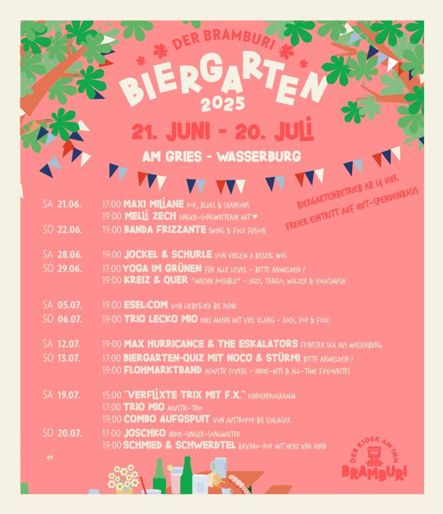 Ein Veranstaltungsplakat des Bramburi-Kiosk in Wasserburg am Inn mit jeder Menge Terminen. Am 20.7. spielen da Schmied & Schwerdtel im Biergarten.