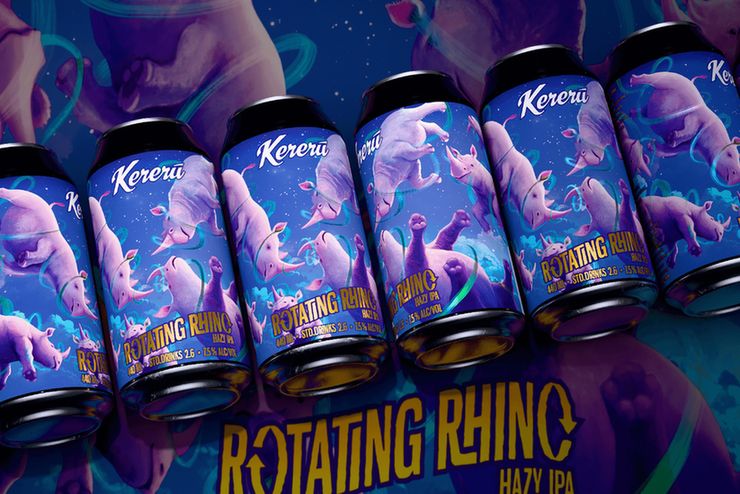 3D rendered image (made with Blender) showing cans of Kereru Rotating Rhino Hazy IPA. The labels are mostly purple with floating rhinos that look a little dizzy from being rotated.