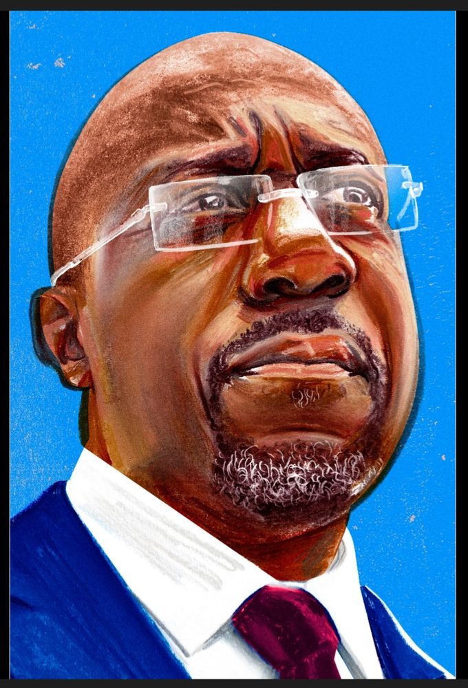 Illustration of Georgia Senator Reverend Raphael Warnock, a bald black man with glasses in a blue suit, white shirt and red tie, against a blue background.