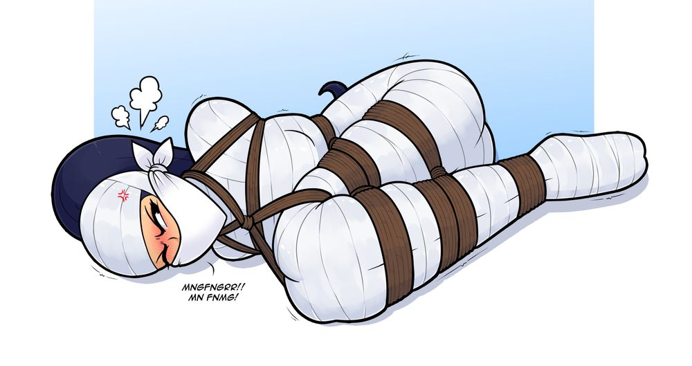 Cecily, who was already mummified from the neck down in silvery tape, finds herself in an additional layer of tight rope, compacting her down into a curled up position.  Additionally, she was mummified from the neck UP except for her glaring eyes.  A thick scarf was also used to keep her protests to a minimum