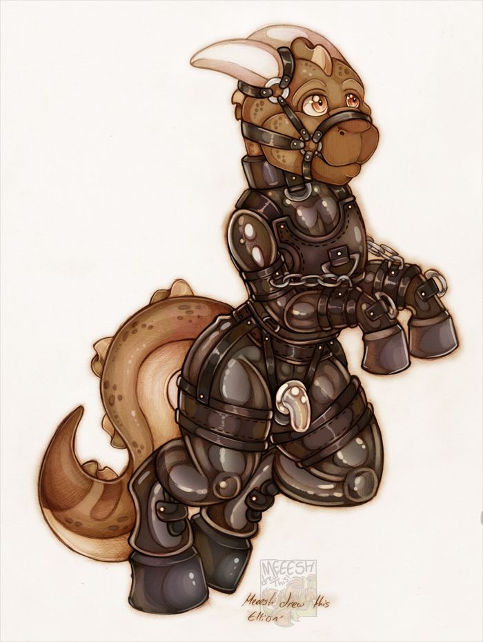 tan dragon/kobold character wearing black latex and pony gear and a silver chastity cage