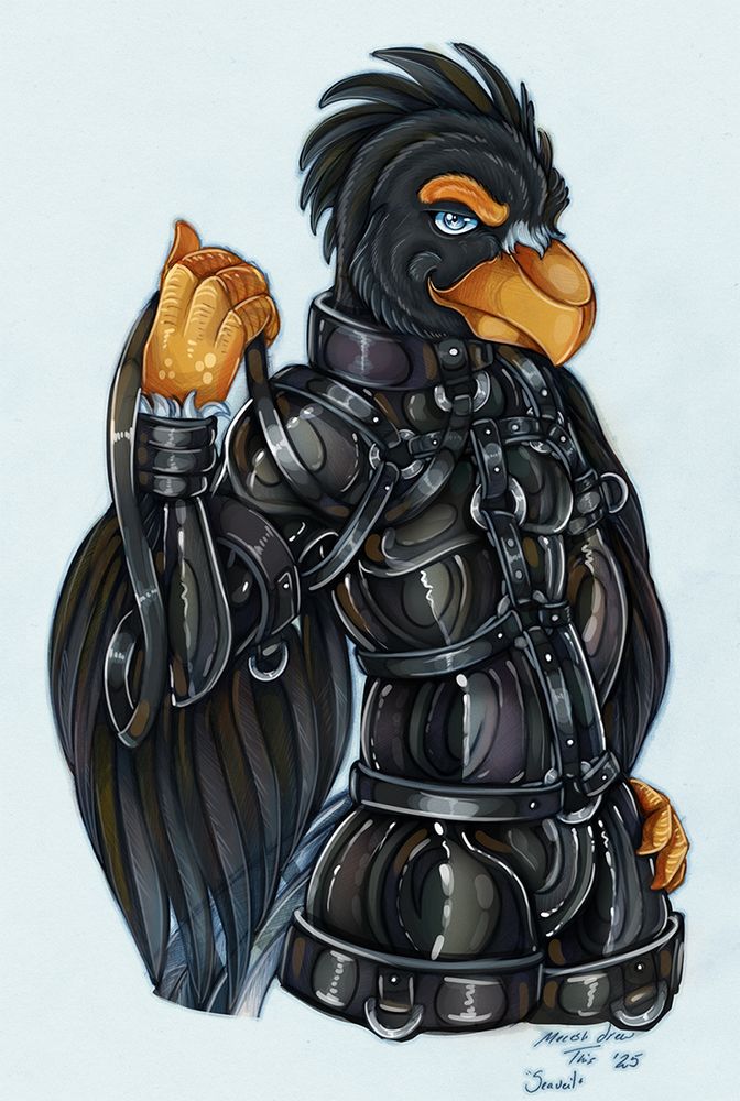 anthro black eagle dressed in black latex catsuit with varying harness/restraints on.