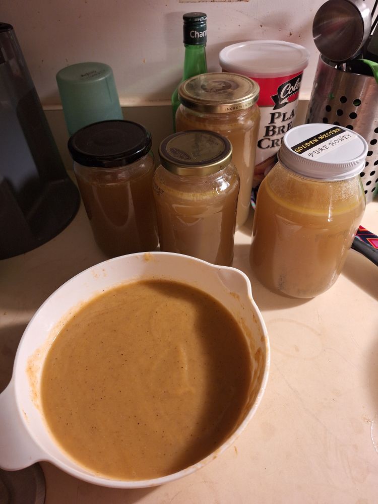 photo of four large jars full with chicken bone broth and a white plastic bowl filled with the vegetables that were simmering pureed in some of the broth