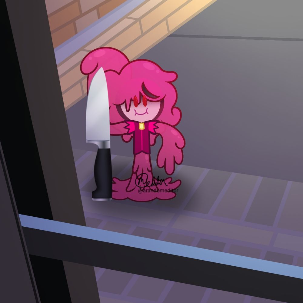 Kirby with a knife pic but with my cr oc Gluttonous Blob Cookie